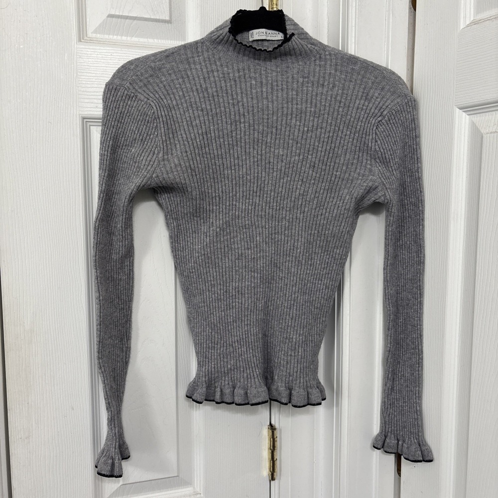 Jon & Anna Women Gray Ribbed Ruffle Hem Knit Sweater Mock Neck Pullover L